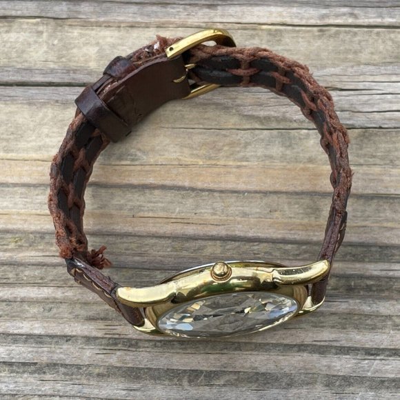 Fossil Men Watch Gold Tone Case Pyramid Crystal Brown Braided Leather Band Analo - Picture 9 of 13